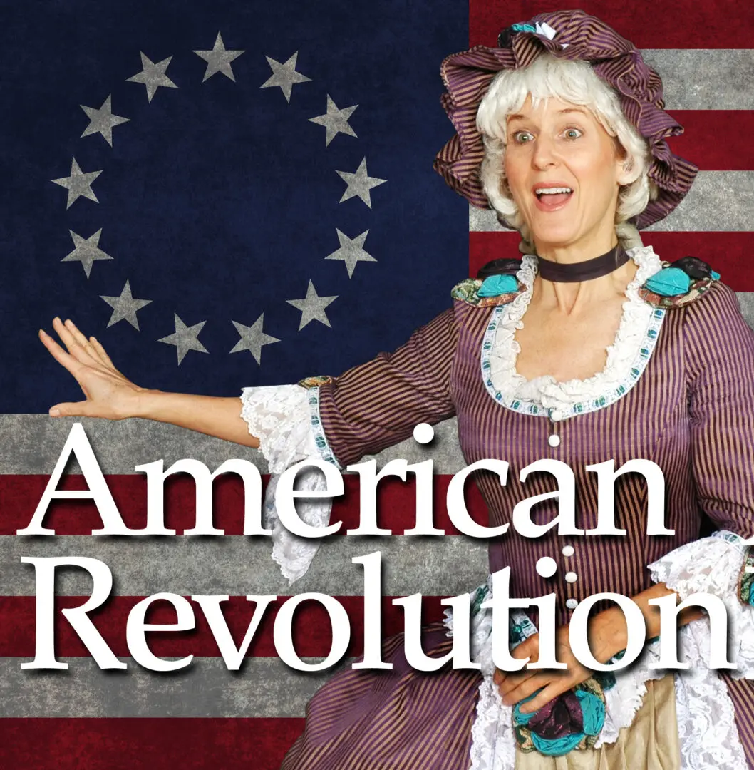 A woman dressed as betsy ross in front of an american flag.