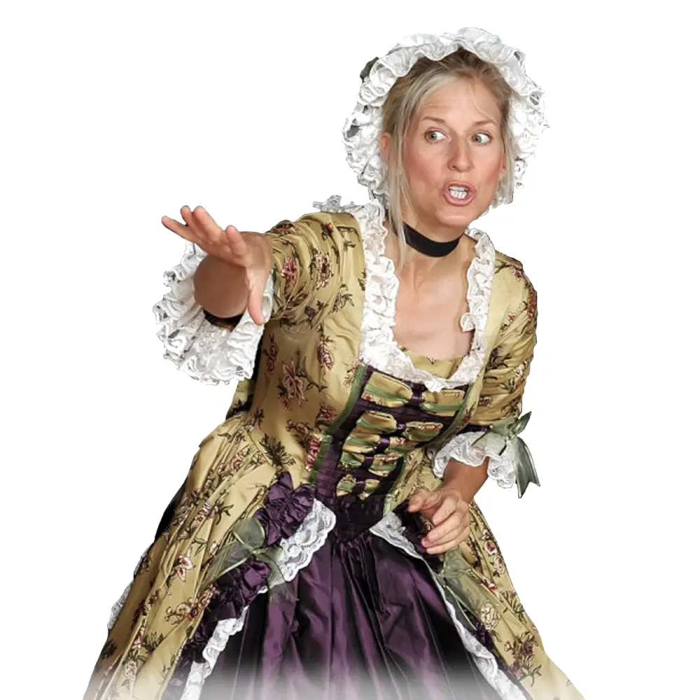 A woman in costume is pointing to the side.