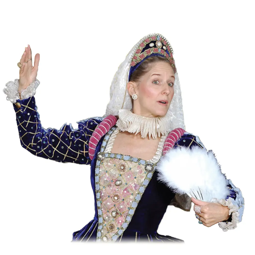 A woman in costume holding a feather duster.