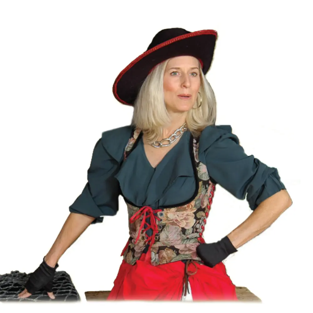 A woman in a cowboy hat and gloves.