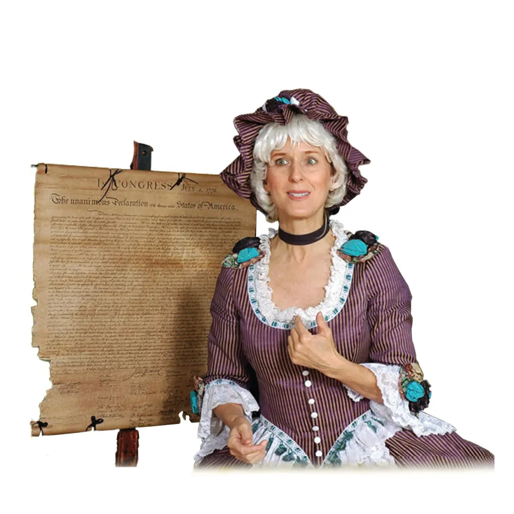 A woman dressed in period clothing and holding her hand out.