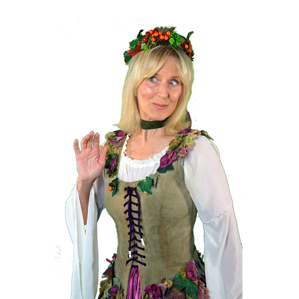 A woman in costume with a flower crown.