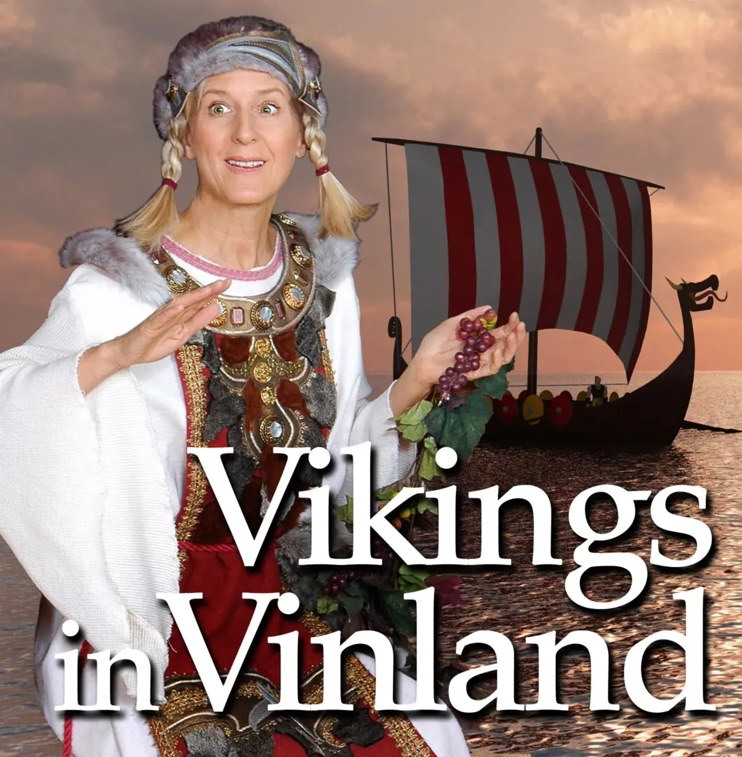 A woman dressed as a viking in front of a boat.