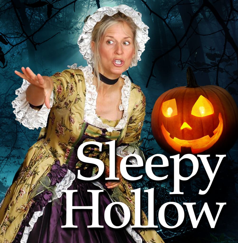 SleepyHollow_icon_HIRES A woman in costume is standing next to a pumpkin.