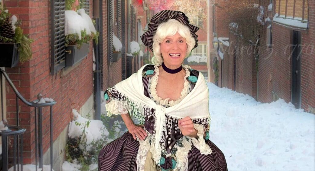 A woman in vintage attire poses happily outdoors.
